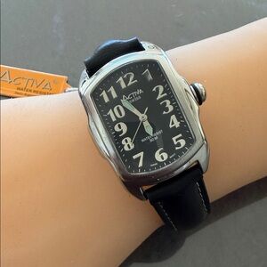Activa Swiss Black Leather Strap Watch